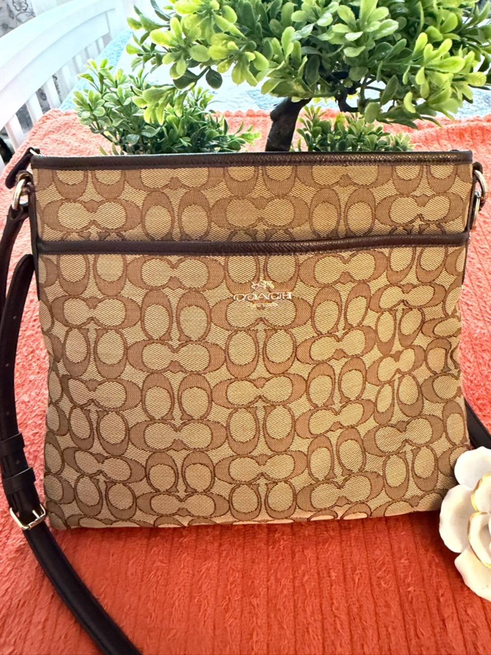 Coach Beige Signature Canvas Crossbody with Brown Trim - Picture 2 of 16